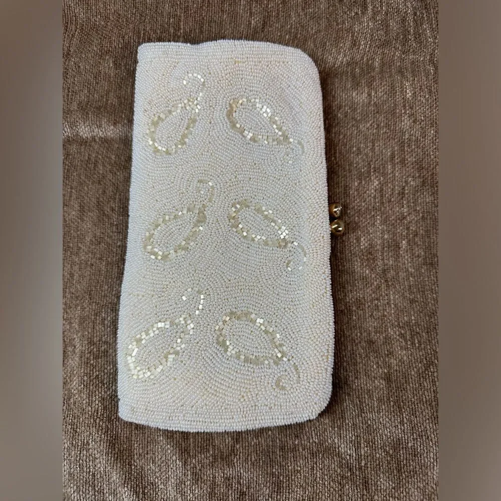 Vintage Cream Hand Beaded in Belgium Clutch bag with Coin Purse